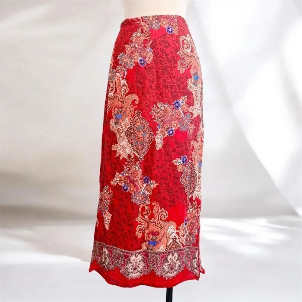Carol Anderson 90s Paisley Red Floral Beaded Midi Maxi Skirt Small Slit